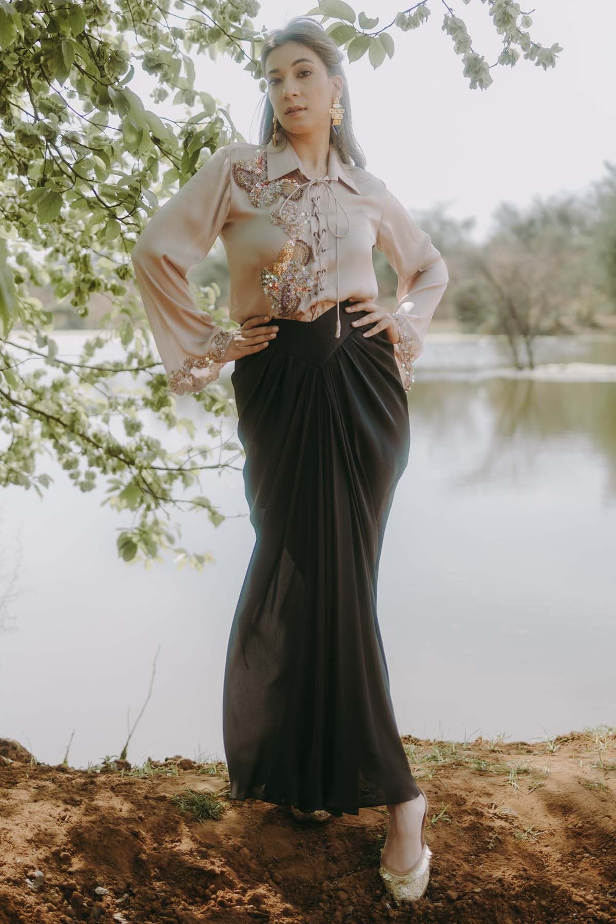 Buy Designer Embroidered Shirt & Drape Skirt Online